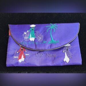 Purple Tropical Embroidered Clutch with Curved Flap
